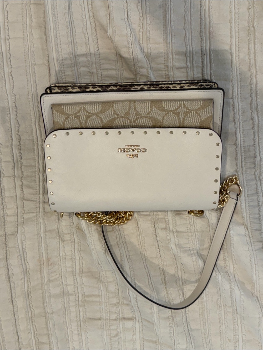 Coach White Leather and Beige Signature Canvas Crossbody with Gold Accents